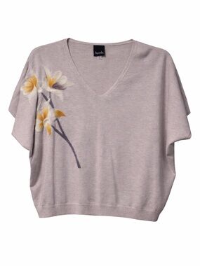 Aaeda XL Grey V-Neck Blouse | Floral Print | Short Sleeve Knit